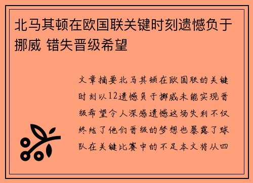 北马其顿在欧国联关键时刻遗憾负于挪威 错失晋级希望