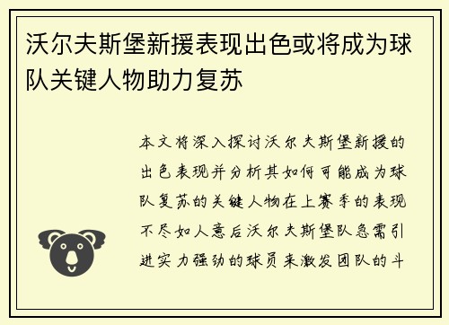 沃尔夫斯堡新援表现出色或将成为球队关键人物助力复苏