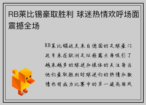 RB莱比锡豪取胜利 球迷热情欢呼场面震撼全场