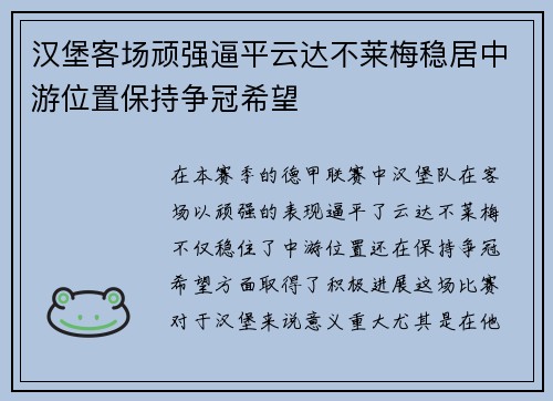 汉堡客场顽强逼平云达不莱梅稳居中游位置保持争冠希望